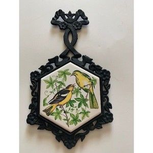 Vintage Cast Iron Trivet Ceramic Tile Yellow Birds LEGO Hexagon JAPAN
